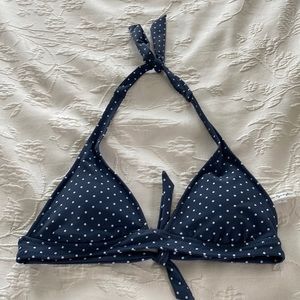 navy with white polka dot bikini top.